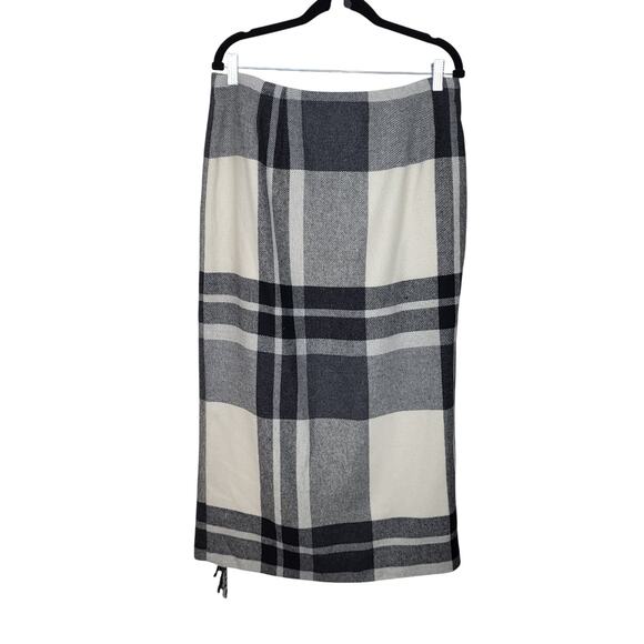Worthington Gray Cream Plaid Fringe Wool Blend Wrap Maxi Skirt Size 16 Academia - Picture 7 of 10